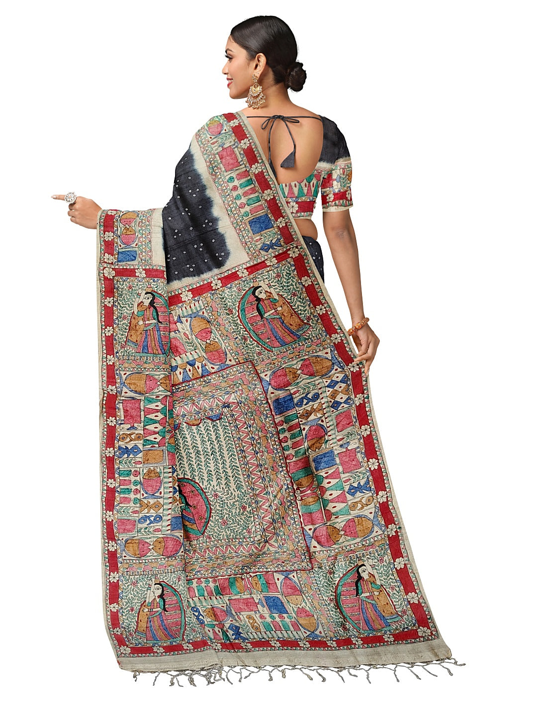 Handpainted Madhubani Saree on Tussar Munga Silk – Godhna Style with Bandhani Fusion